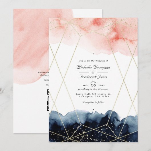 Invitation Mariage géométrique à code QR aquarelle bleu marin (Devant / Derrière)