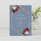 Invitation mariage géométrique à fleurs bleu bordeaux et pous (Debout devant)