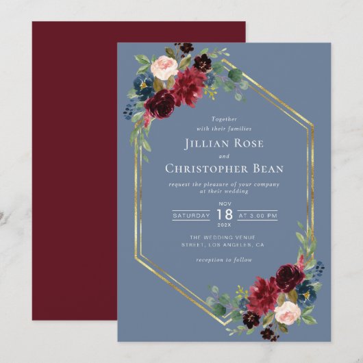 Invitation mariage géométrique à fleurs bleu bordeaux et pous (Devant / Derrière)