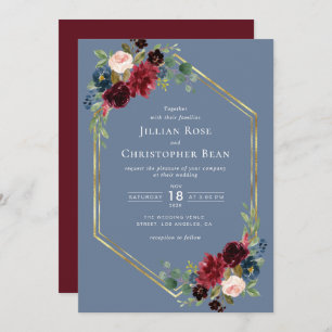 Invitation mariage géométrique à fleurs bleu bordeaux et pous