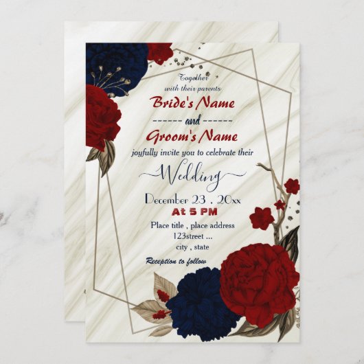 Invitation mariage géométrique à fleurs bleu rouge et bleu ma (Devant / Derrière)