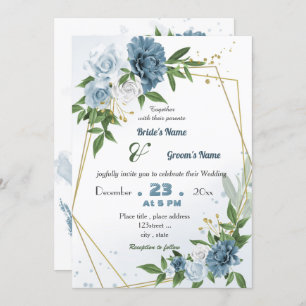 Invitation mariage géométrique à fleurs bleues romantiques