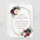 Invitation mariage géométrique à fleurs bordeaux (Devant)