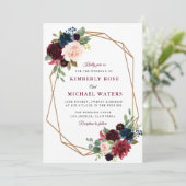 Invitation mariage géométrique à fleurs bordeaux (Debout devant)
