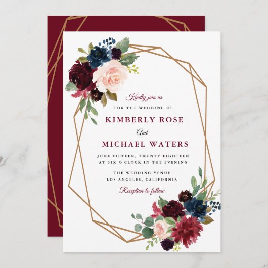 Invitation mariage géométrique à fleurs bordeaux (Devant / Derrière)