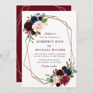 Invitation mariage géométrique à fleurs bordeaux