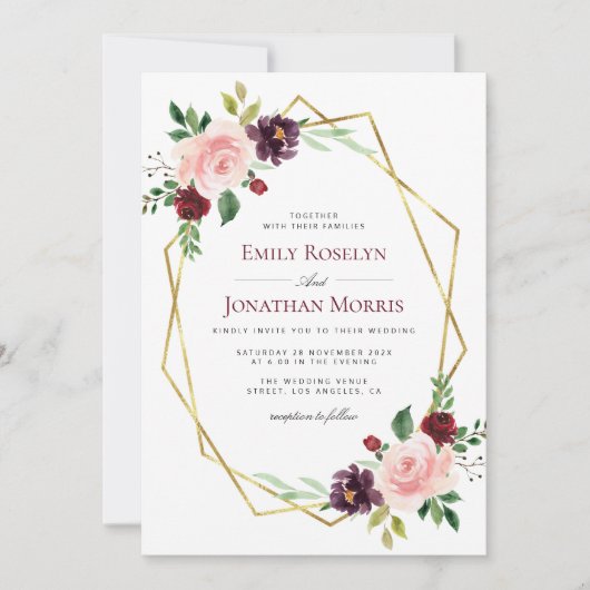 Invitation mariage géométrique à fleurs bordeaux et rousses (Devant)