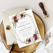 Invitation Mariage géométrique à fleurs rouges de Bourgogne