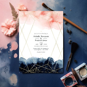 Invitation Mariage géométrique à l'aquarelle bleu marine et r