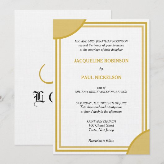 Invitation Mariage géométrique à monogramme blanc or (Devant / Derrière)