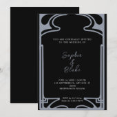 Invitation Mariage géométrique Art déco noir et argenté (Devant / Derrière)
