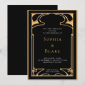 Invitation Mariage géométrique Art déco noir et or (Devant / Derrière)