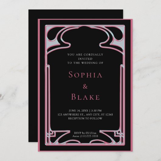 Invitation Mariage géométrique Art déco noir et rose (Devant / Derrière)