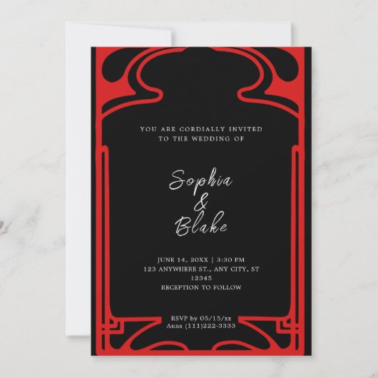 Invitation Mariage géométrique Art déco noir et rouge (Devant)