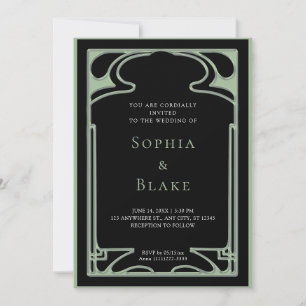 Invitation Mariage géométrique Art déco noir et vert