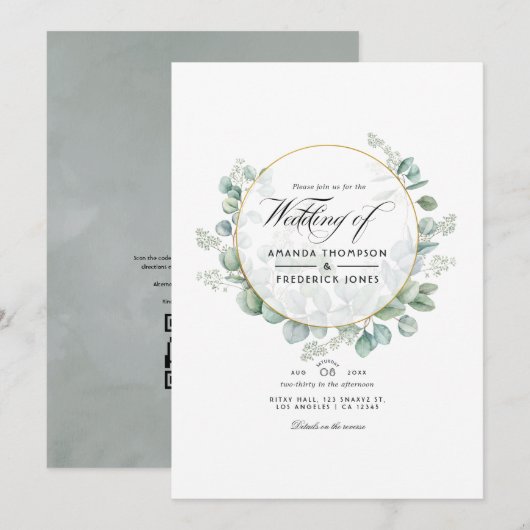 Invitation Mariage géométrique au code QR Eucalyptus Silver S (Devant / Derrière)
