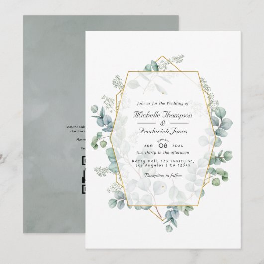 Invitation Mariage géométrique au code QR Eucalyptus Silver S (Devant / Derrière)