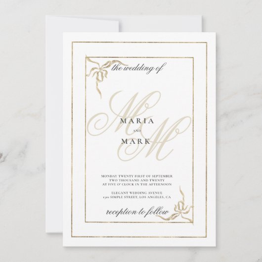 Invitation Mariage géométrique blanc arc or monogramme initia (Devant)