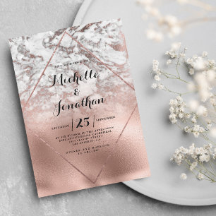 Invitation Mariage géométrique blanc dégradé or rose marbre