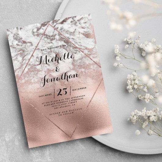 Invitation Mariage géométrique blanc dégradé or rose marbre