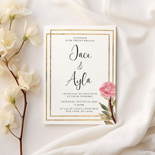 Invitation Mariage géométrique blanc or rose menthe