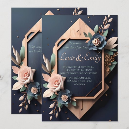 Invitation Mariage géométrique bleu bleu bleu bleu bleu marin (Devant / Derrière)