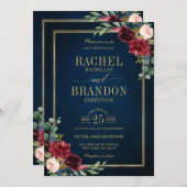 Invitation Mariage géométrique bleu bleu marine Bourgogne or (Devant / Derrière)