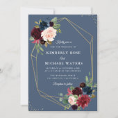 Invitation Mariage géométrique bleu Bourgogne et Dusty (Devant)