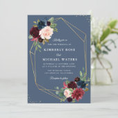Invitation Mariage géométrique bleu Bourgogne et Dusty (Debout devant)