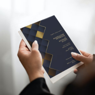 Invitation Mariage géométrique bleu et or Marine