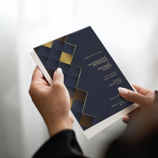 Invitation Mariage géométrique bleu et or Marine