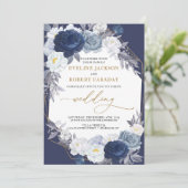 Invitation Mariage géométrique bleu floral bleu marine tendan (Debout devant)