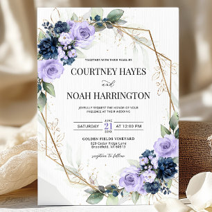 Invitation Mariage géométrique bleu marine lavande violet or