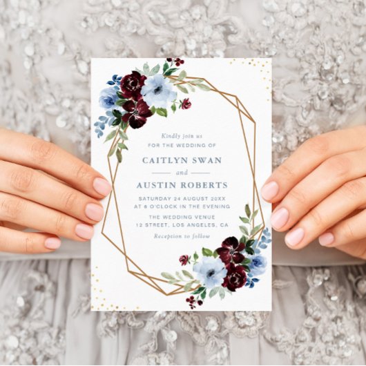 Invitation mariage géométrique bleu-roux bordeaux