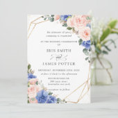 Invitation Mariage géométrique Blush & Blue Floral Rose Gold (Debout devant)