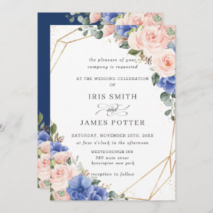 Invitation Mariage géométrique Blush & Blue Floral Rose Gold