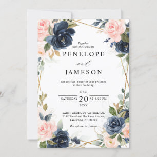 Invitation Mariage géométrique Blush de la marine en bois rus