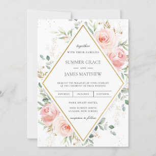 Invitation Mariage géométrique Blush Rose Floral Gold Diamond