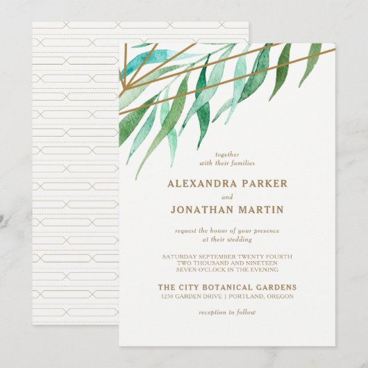 Invitation Mariage géométrique botanique et cuivre (Devant / Derrière)