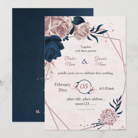 Invitation mariage géométrique botanique marine et rose (Devant / Derrière)