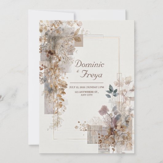 Invitation Mariage Géométrique Botanique Taupe Feuille d'Or d (Devant)