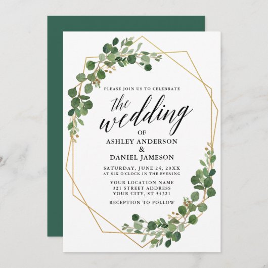 Invitation Mariage géométrique Botanique Vert Eucalyptus (Devant / Derrière)