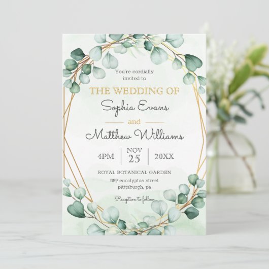 Invitation Mariage géométrique cadre Eucalyptus or vert (Debout devant)
