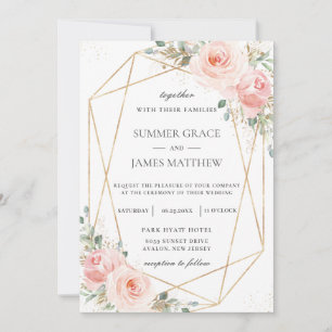 Invitation Mariage géométrique Chic Blush Rose Floral Gold 