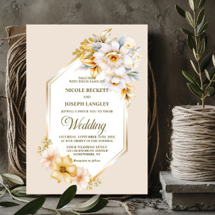 Invitation Mariage géométrique de couleur or blanc élégant