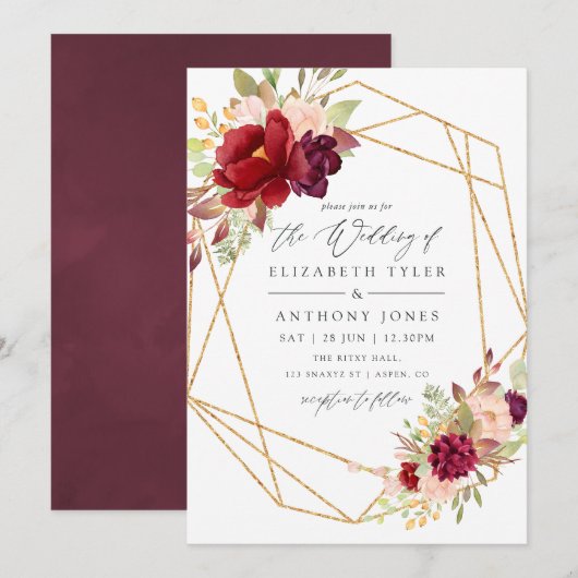 Invitation Mariage géométrique de la Bourgogne-Marsala et de  (Devant / Derrière)