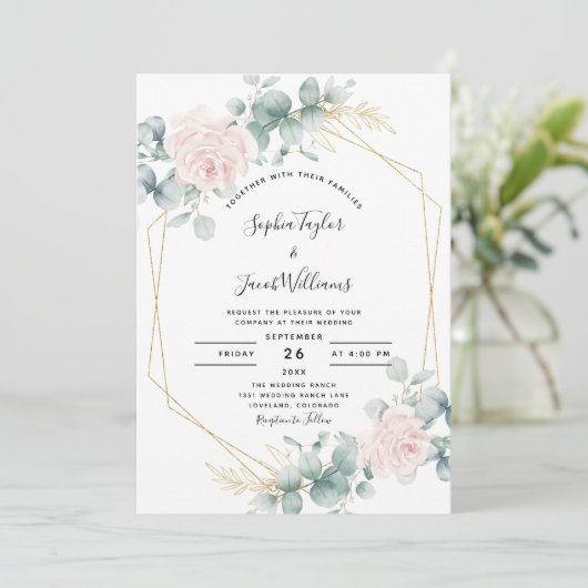 Invitation Mariage géométrique de l'Eucalyptus rose pâle (Debout devant)
