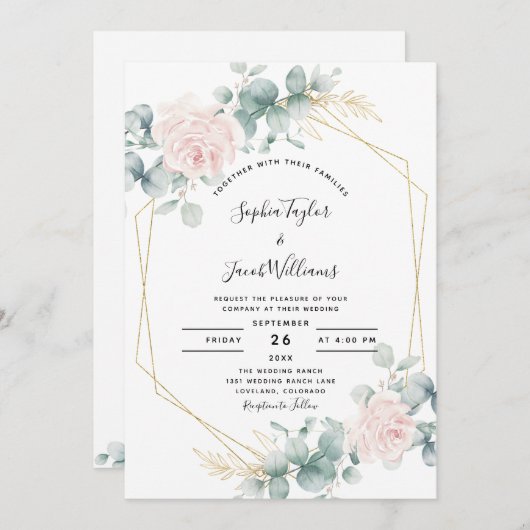 Invitation Mariage géométrique de l'Eucalyptus rose pâle (Devant / Derrière)