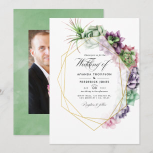 Invitation Mariage géométrique de succulente à l'aquarelle Ph