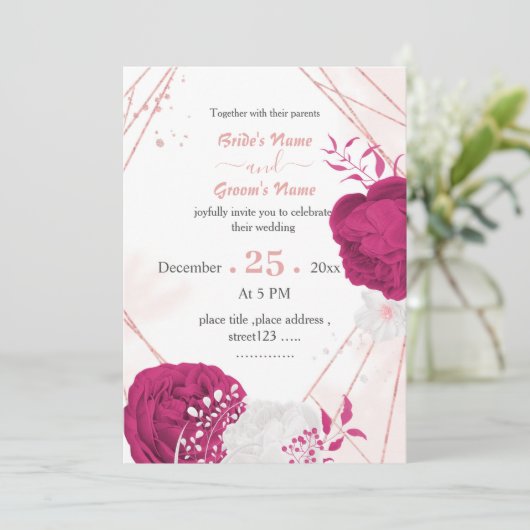 Invitation mariage géométrique des fleurs blanches fuchsia (Debout devant)